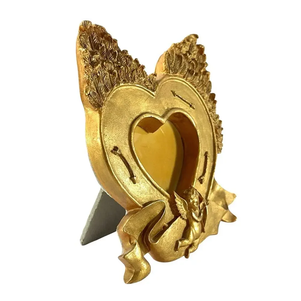 Vintage Gold Cherub Heart Picture Frame Winged Angel 2.5x3 Photo